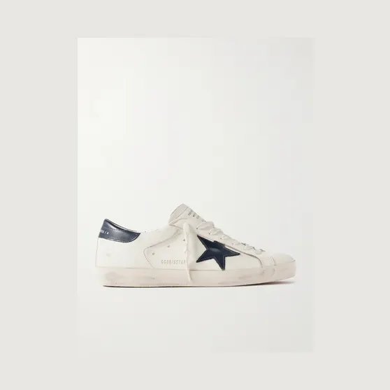 Golden Goose Super-Star Distressed Glossed-Trimmed Leather Sneakers Beige (GMF00101.F004164)