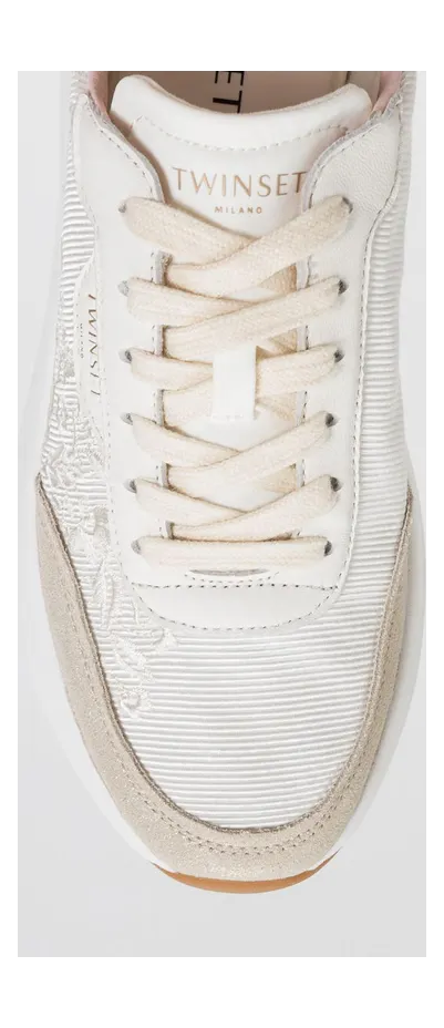 Twinset Embroidered Leather and Twill Low-Top Sneakers with Suede Details White 1 (261TGT11413540) (2)