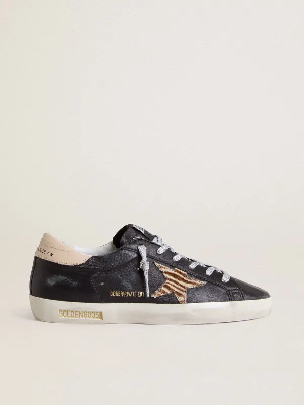 Golden Goose Women’S Super-Star In Black Nappa Leather With Zebra-Print Pony Skin Star And Beige Leather Heel Tab (GWF00101.F005596.90441)