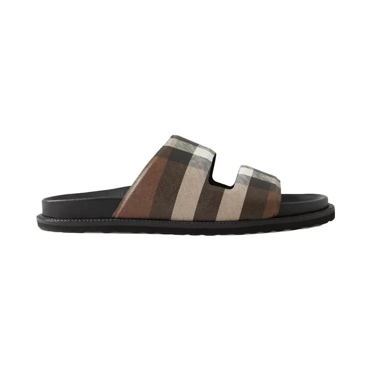 Burberry Check Cotton Canvas Slides Dark Birch Brown (80648091)