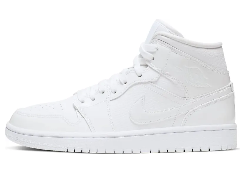Jordan 1 Mid Triple White Patent Swoosh (W) “White” (BQ6472-100)