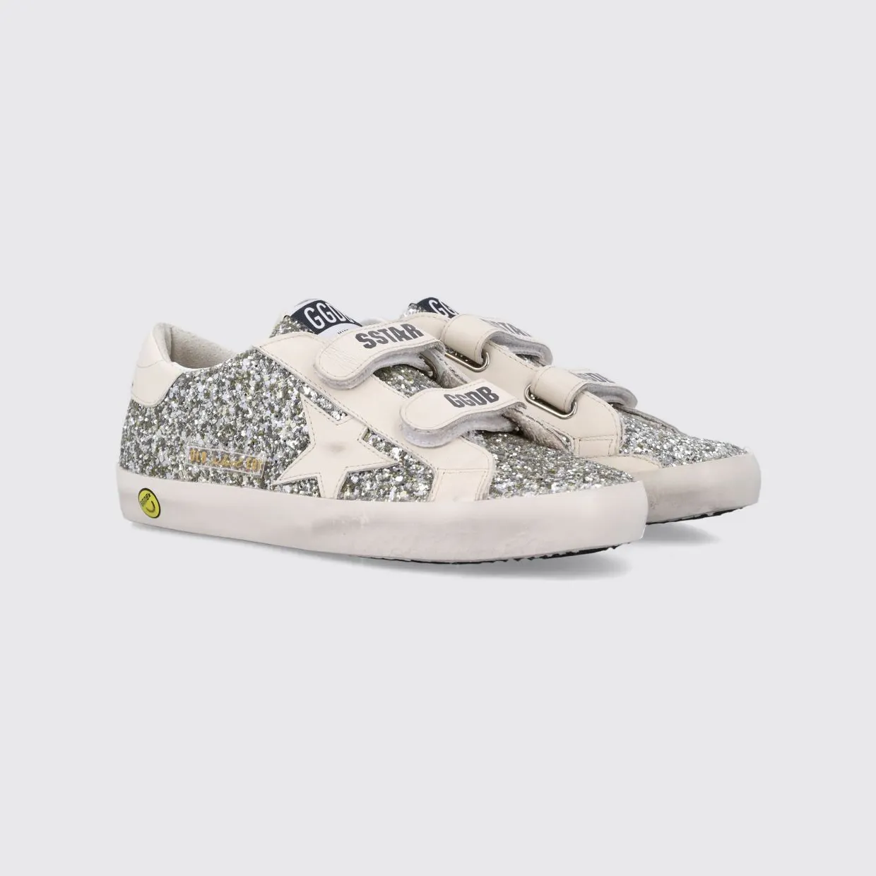 Golden goose Kid’s Old School Trainers in Leather and Glitter Mesh with Hook-and-Loop Closure Platinum (GTF00111F00531465195)