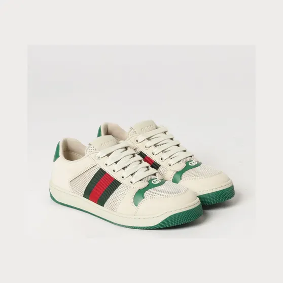 Gucci Screener Low-Top Leather and Mesh Sneakers with Web Stripe Ivory (A000N1FAGAT9545)