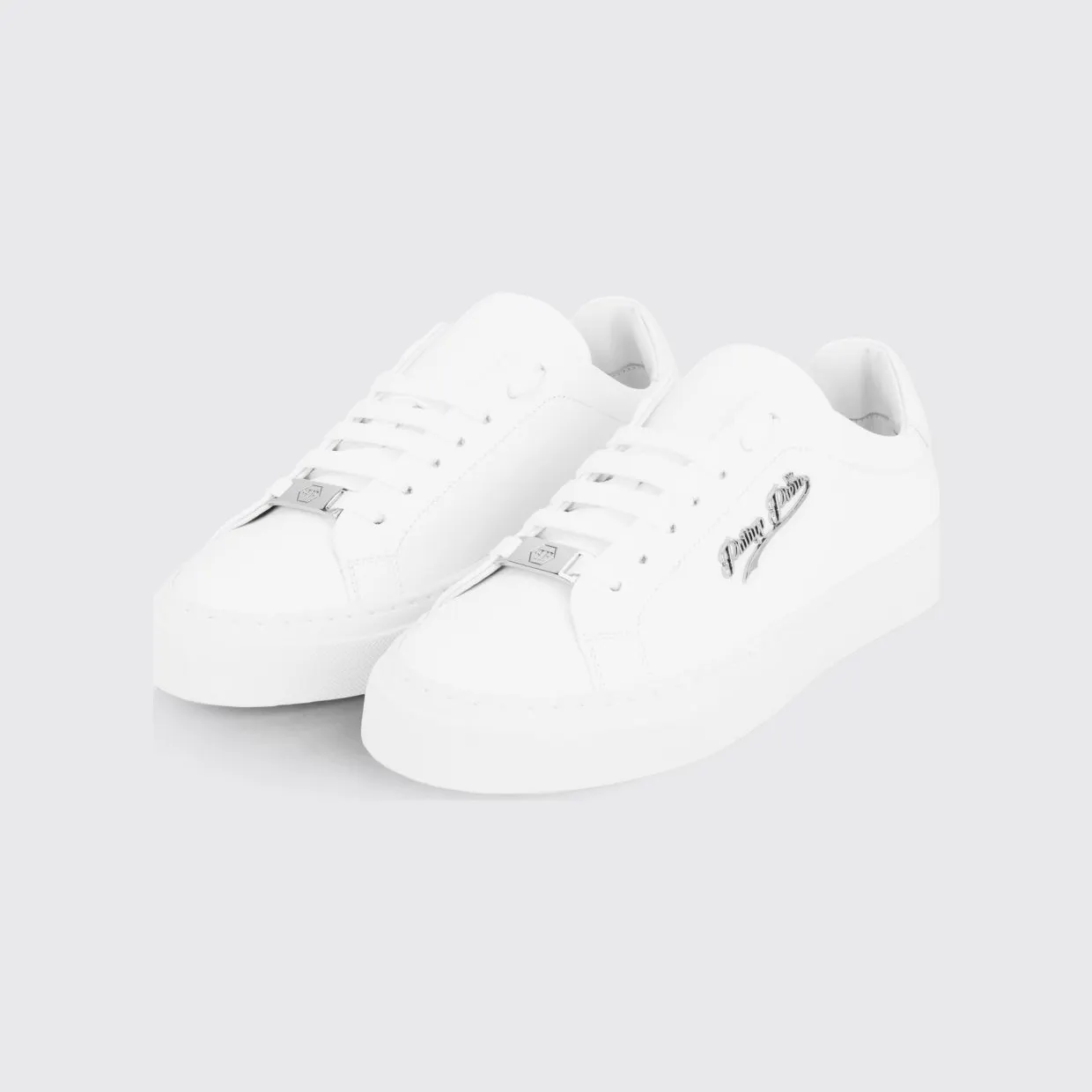 Philipp plein Low Top Smooth Leather Sneakers with Applied Metal Logo White (LADSUSC0790PLE005N01)