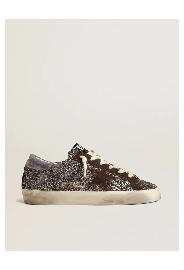 Golden Goose Super-Star In Glitter With A Brown Star And Lilac Heel Tab (GWF00101.F003986.60394)