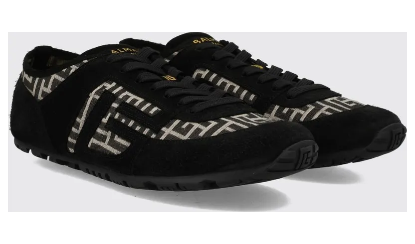Balmain PB Monogram Leather and Suede Low-Top Sneakers Black (GM1VI408THCJGFE)