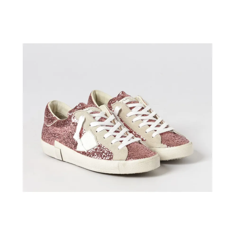 Philippe Model Low-Top in Leather and Fabric with Glitter and Embroidery Pink (PRLDGG06)