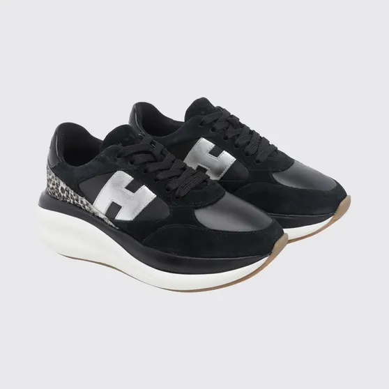 Hogan Maxi I Active Suede and Pony-Effect Leather Sneakers with Animal Print Black (HXW7140GA40VHM7234)