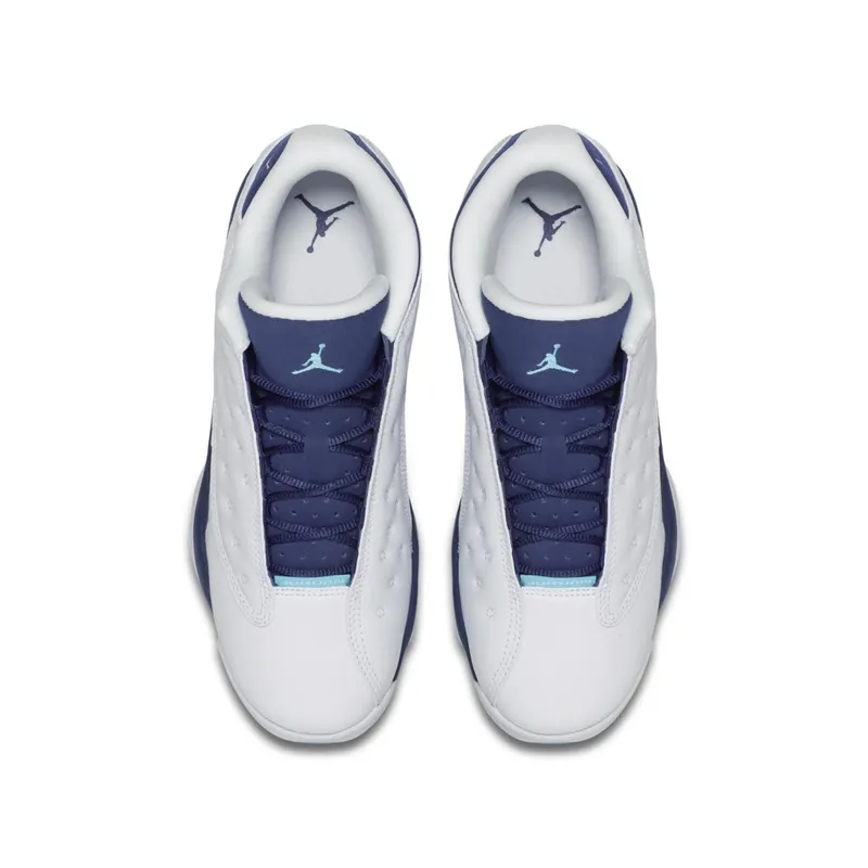 Jordan 13 Retro Low Hornets (GS) White/Metallic Silver-Midnight Navy-Turquoise Blue (310811-107)