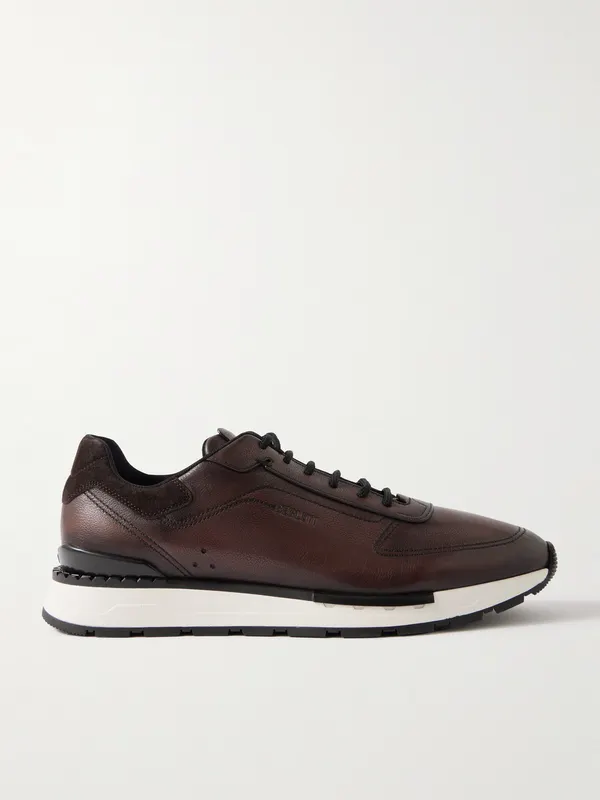 Berluti Fast Track Suede-Trimmed Full-Grain Venezia Softy Leather Sneakers Brown (S6377-001)