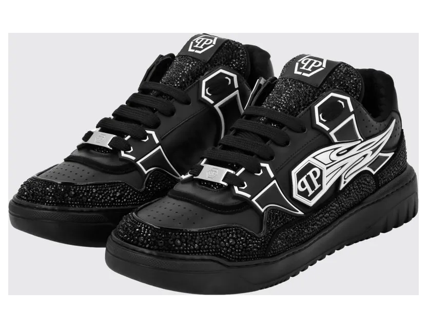 Philipp plein Leather and Rubber Rhinestone Sneakers Black (SAESMSC4015PLE010N0202)