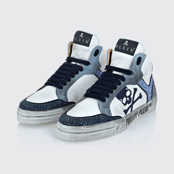 Philipp plein Retrokickz TM High-Top Sneakers in Leather and Suede with Rhinestones and Skull White (AADSUSC0681PLE075N0108)