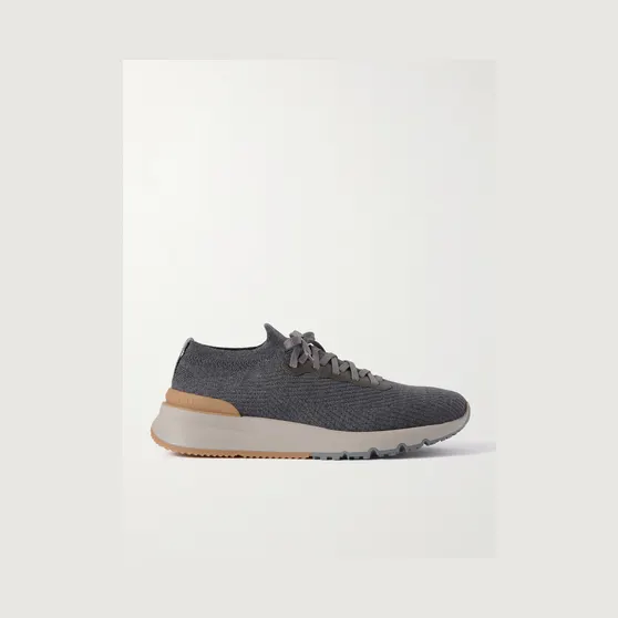 Brunello Cucinelli Leather-Trimmed Stretch-Knit Sneakers Beige (MZUWLBO253)