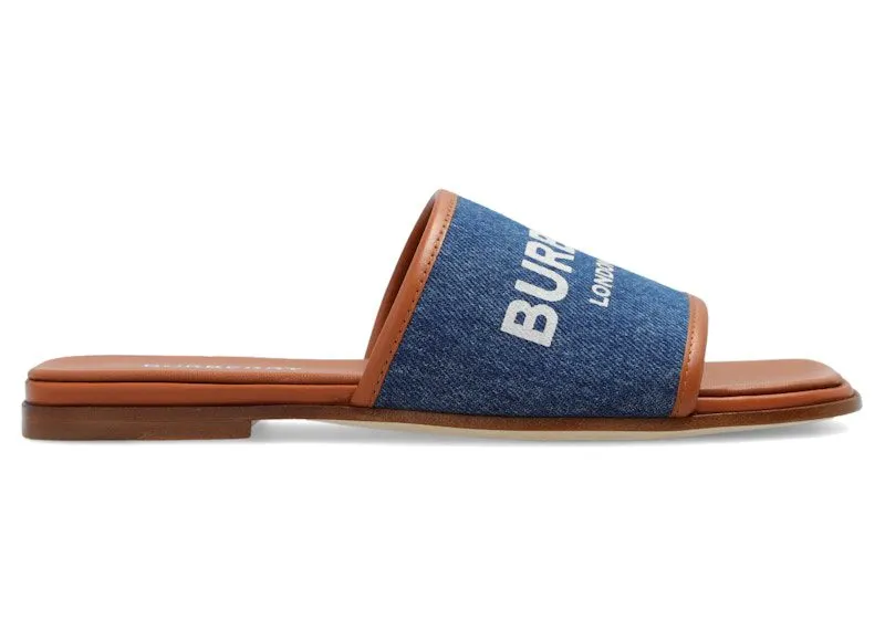 Burberry Logo Print Slide Sandals Denim Blue Tan (8070752)