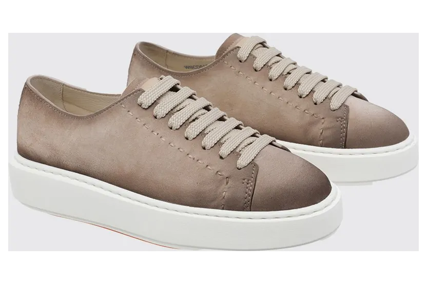 Santoni Suede Leather Low-Top Sneakers with Embossed Logo and Rubber Sole Nude (WBCD61355BARTEYAE40)