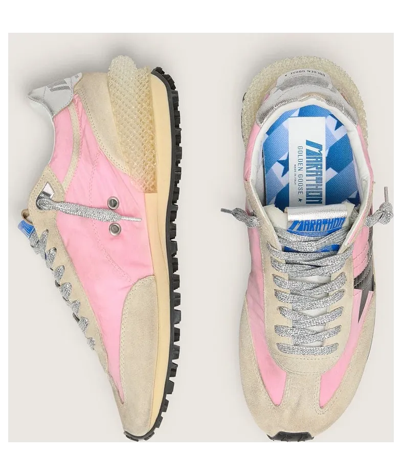 Golden Goose Marathon In Pink Nylon And Beige Suede With Black Printed Star (GWF00684.F006720.25751) (3)