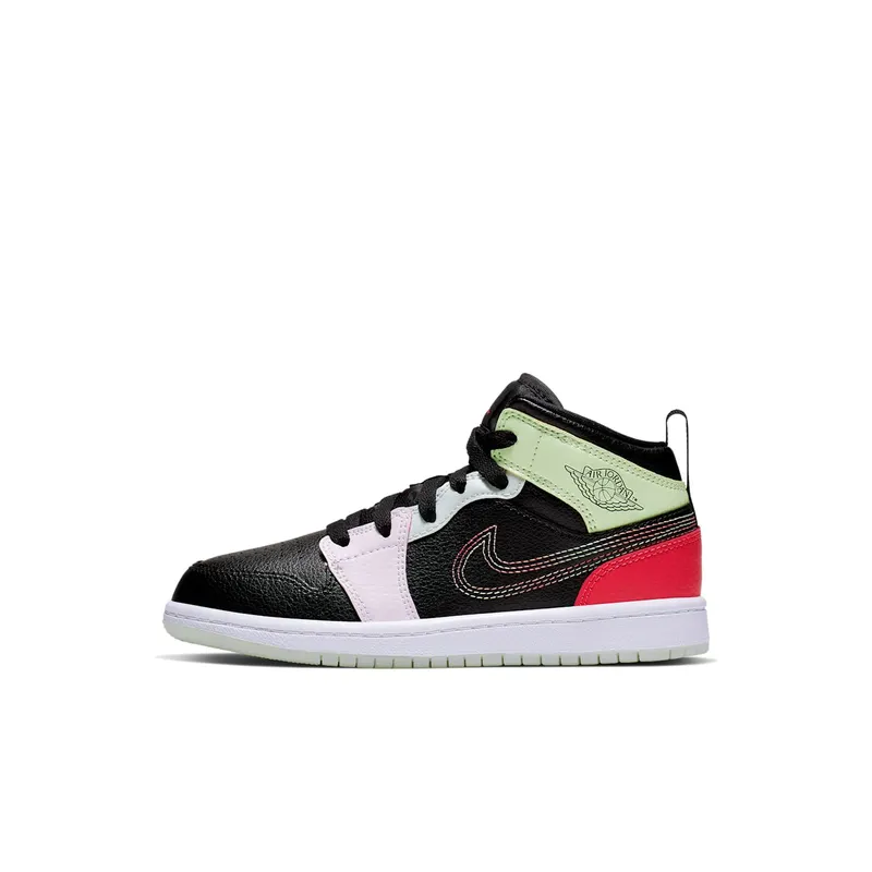 Jordan 1 Mid Glow-In-The-Dark (PS) Black/Ember Glow-Barely Volt-Light Soft Pink-Jade Aura (AV5173-076)