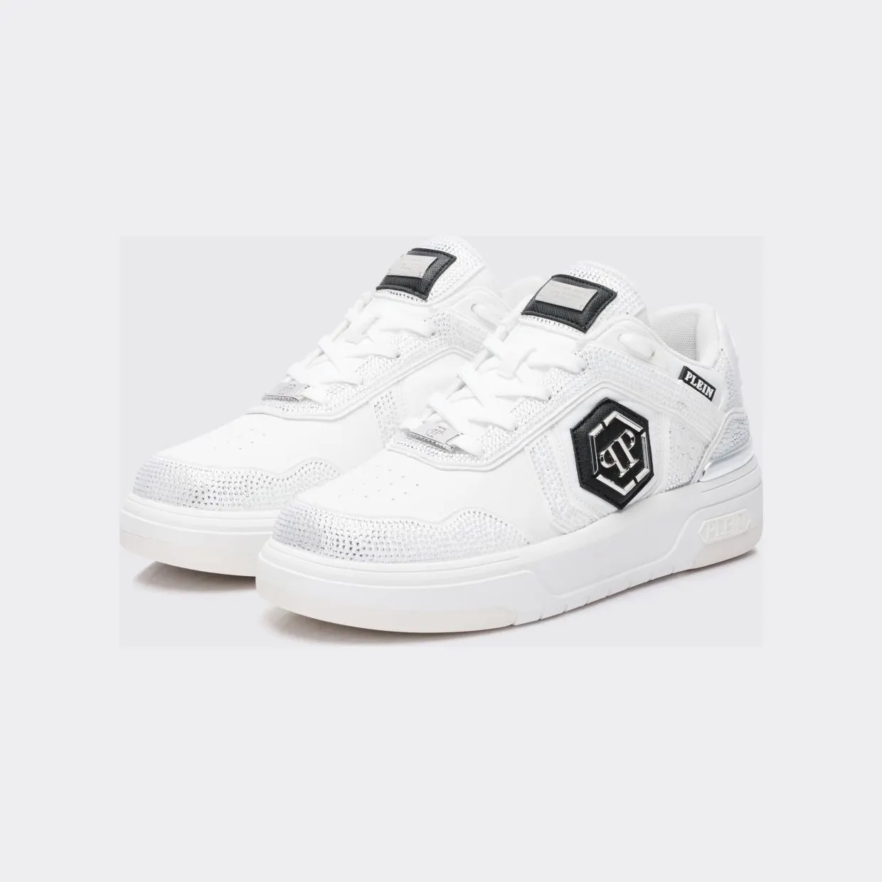 Philipp plein SK8R Leather Sneakers with Applied Rhinestones White (SAFSUSC0923PTE003N0101)