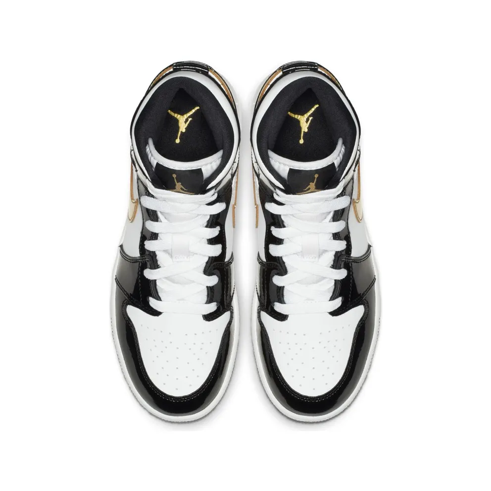 Jordan 1 Mid Patent Black White Gold (GS) Black/White-Metallic Gold (BQ6931-007)