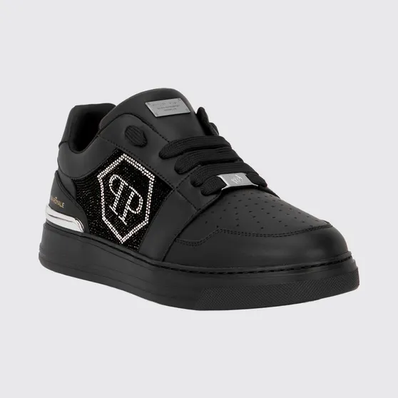 Philipp plein Hexagon Royale Leather Sneakers with Rhinestone Hexagon Logo Black (UAFSUSC1086PLE022N0202)