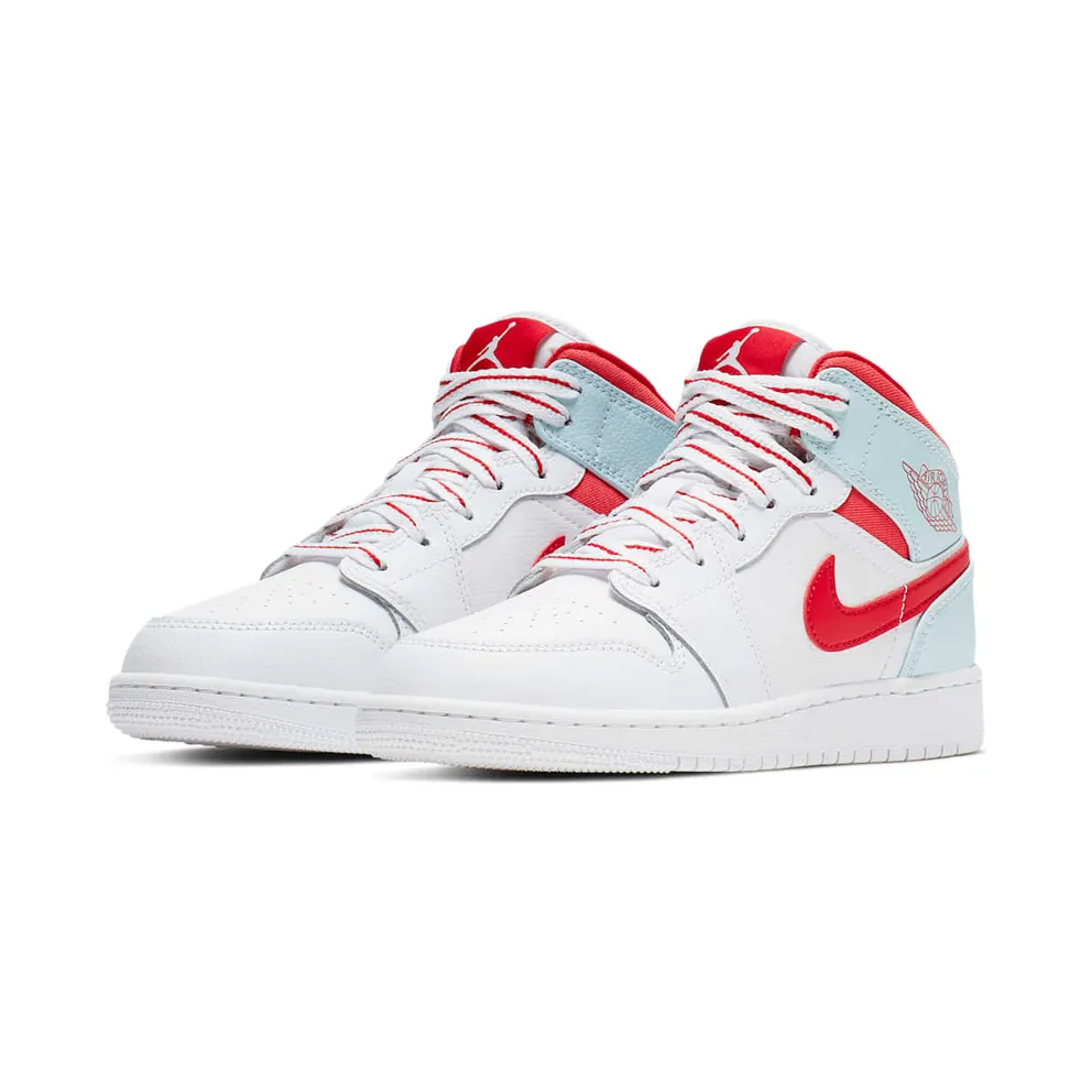 Jordan 1 Mid White Topaz Mist (GS) White/University Red-Topaz Mist-Ember Glow (555112-104)