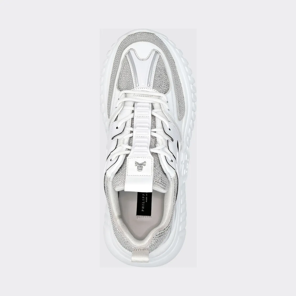 Philipp plein Leather Low-Top Sneakers with Rhinestones and Hexagon Logo White (PACSUSC0463PLE075N01) (3)