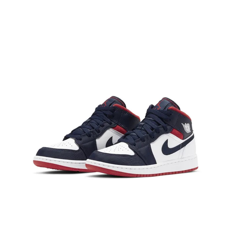 Jordan 1 Mid SE USA (GS) White/Varsity Red-Midnight Navy (BQ6931-104)
