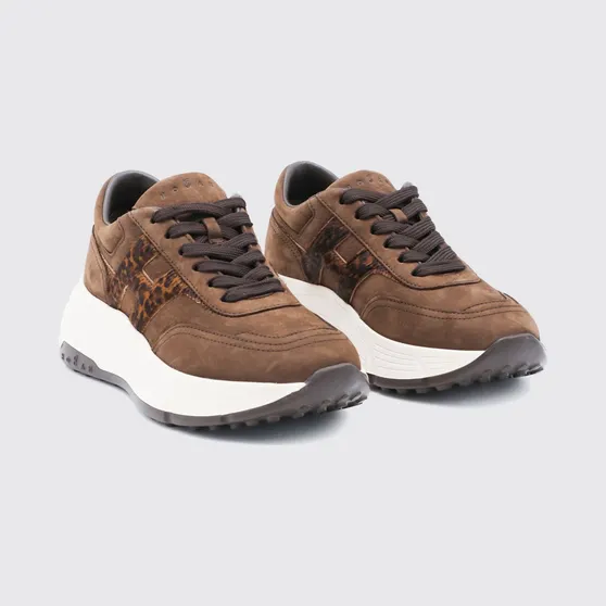 Hogan Hi-Fi Nubuck and Pony-Effect Leather Sneakers with Animal Print and Chunky Sole Brown (HXW6690FR30VH80R1D)