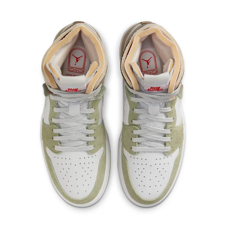 Jordan 1 High Zoom CMFT Olive Aura (W) – “White / Grey Heather-olive Aura-khaki” (CT0979-102)