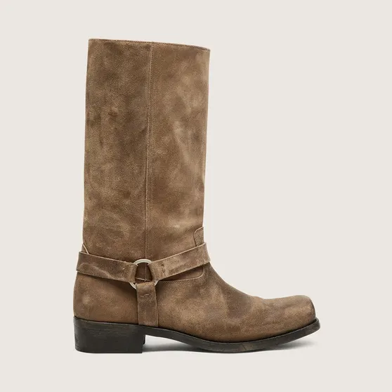 Golden Goose High Biker Boots In Dark Beige Waxed Suede With Strap And A Silver-Colored Buckle (GWF01057.F008237.15693)