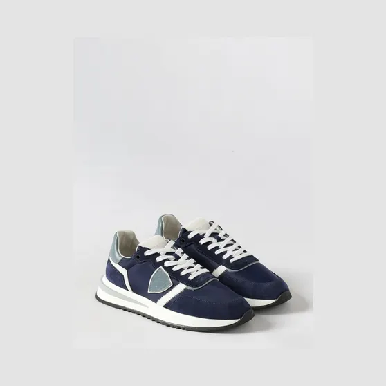Philippe Model Low-Top Sneakers in Calf Leather and Mesh with Bicolor Design Blue (TYLUW077)