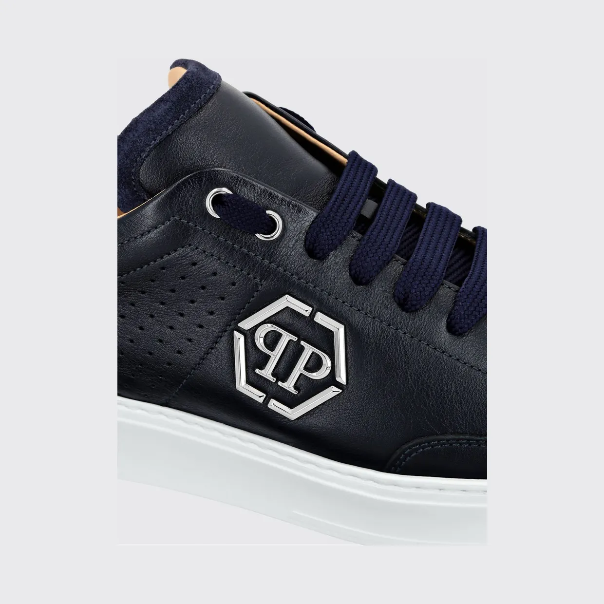Philipp plein Leather Low-Top Sneakers with Monogram Pattern and Applied Hexagon Logo Blue (SADSUSC0538PLE022N14) (2)