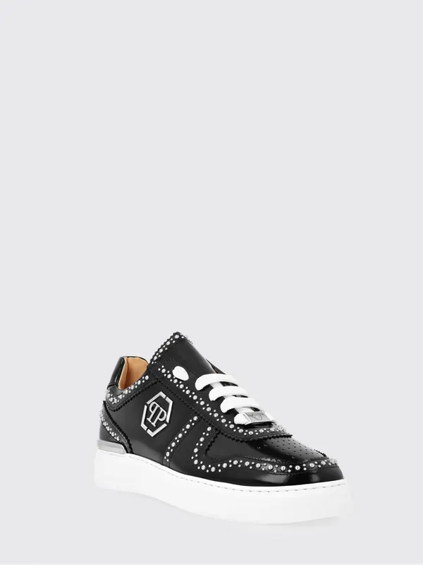 Philipp plein Brushed Leather Low-Top Sneakers with Embroidered Monogram Black (FADSMSC3980PLE010N02)