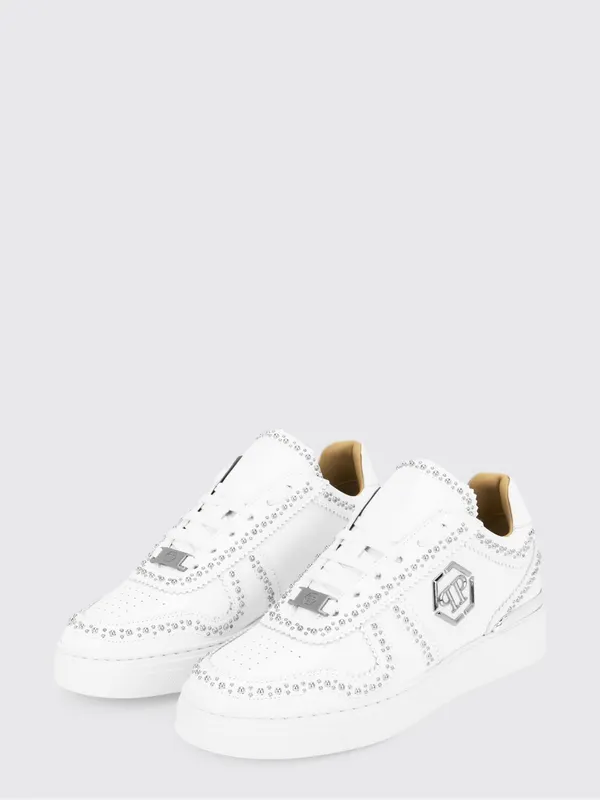 Philipp plein Brushed Leather Low-Top Sneakers with Embroidered Monogram White (FADSMSC3980PLE010N01)