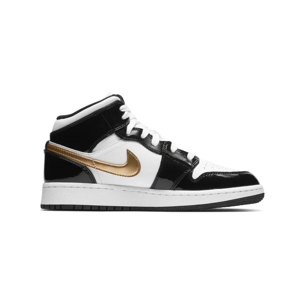 Jordan 1 Mid Patent Black White Gold (GS) Black/White-Metallic Gold (BQ6931-007)