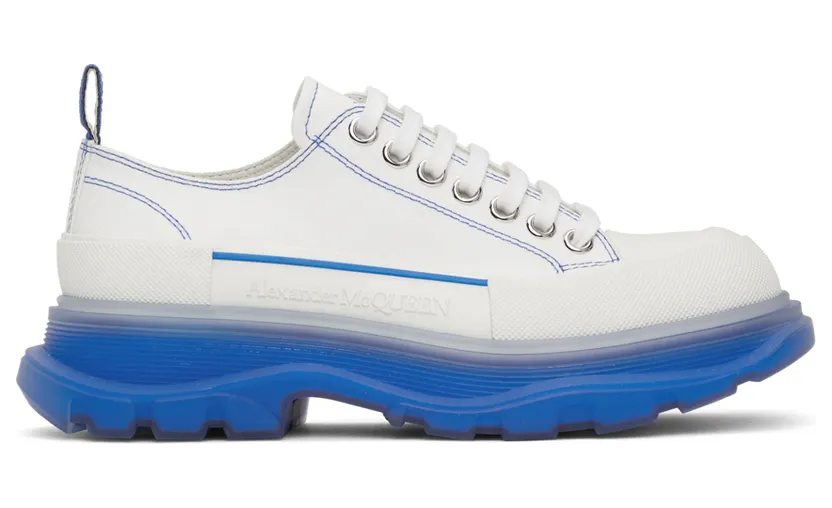 Alexander McQueen White & Blue Tread Slick Low Sneakers (662687W4MV9)