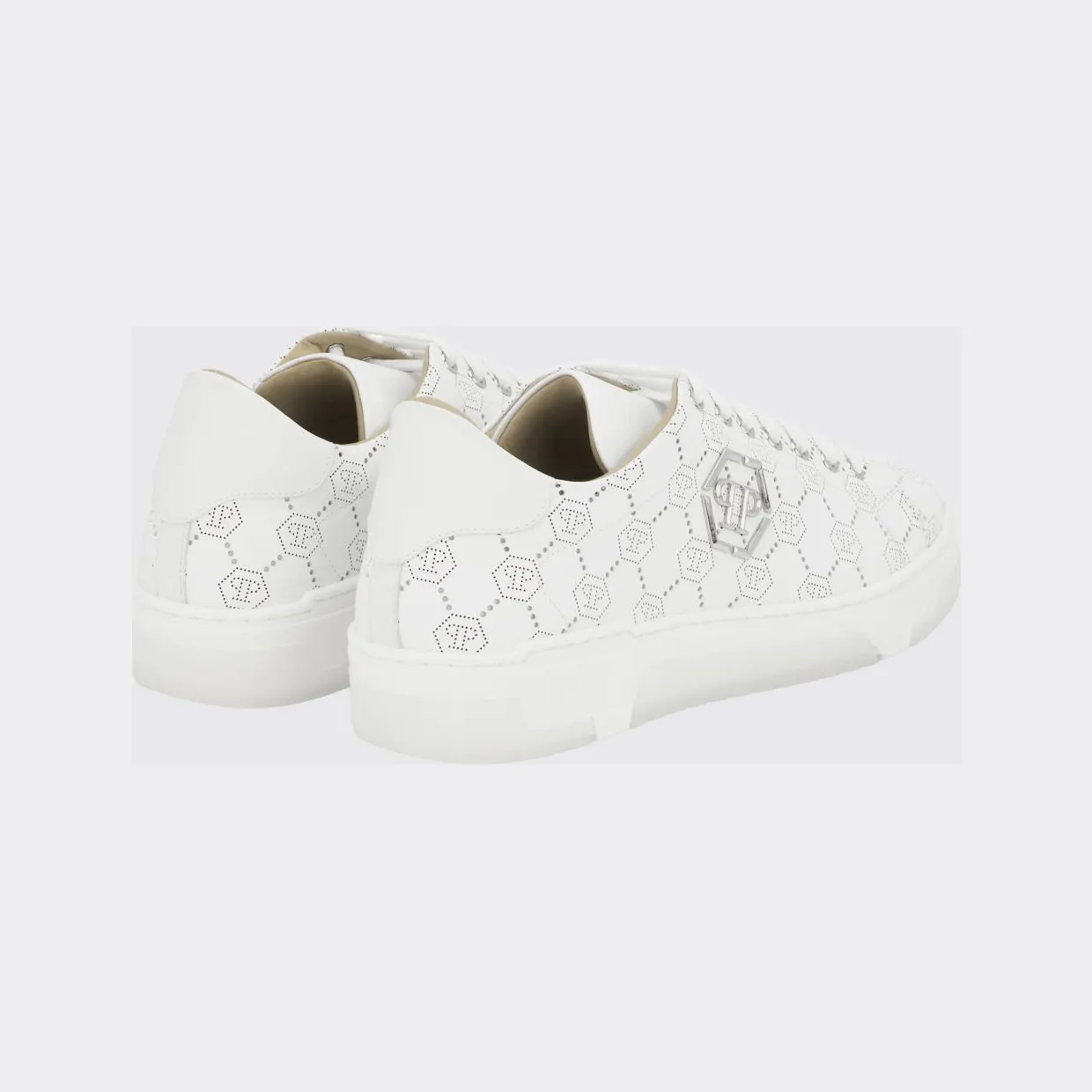 Philipp plein Low-Top Leather Sneakers with Rhinestone Hexagon Logo White (PAESUSC0770PLE010N01) (2)