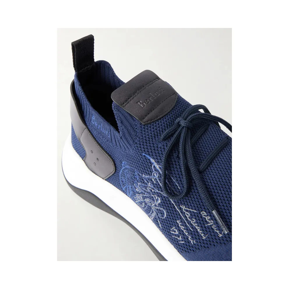 Berluti Shadow Logo-Embroidered Leather-Trimmed Stretch-Knit Navy (S6610-010)