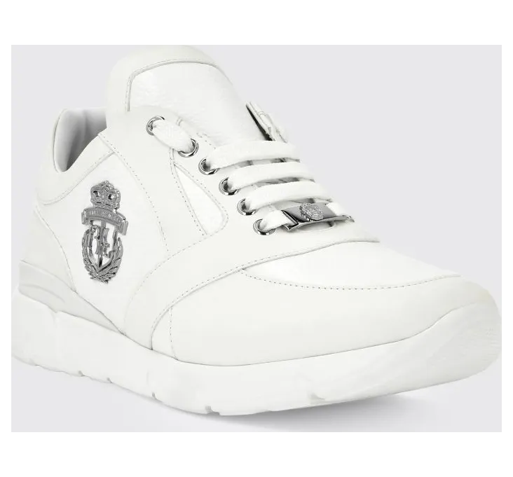Billionaire Crest Runner Sneakers in Smooth and Grained Leather with Metallic Logo White (RAESMSC2890BLE001N01)