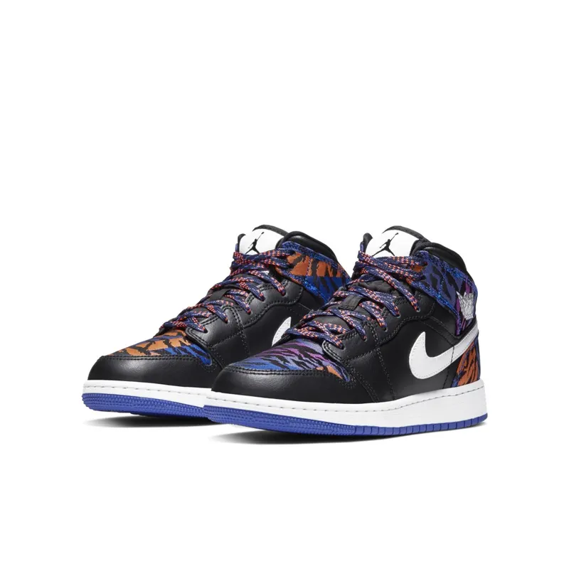 Jordan 1 Mid Multi-Color Tiger Stripe (GS) Black/White-Rush Violet-Black (AV5174-005)