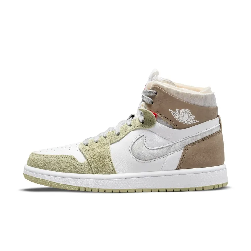 Jordan 1 High Zoom CMFT Olive Aura (W) – “White / Grey Heather-olive Aura-khaki” (CT0979-102)