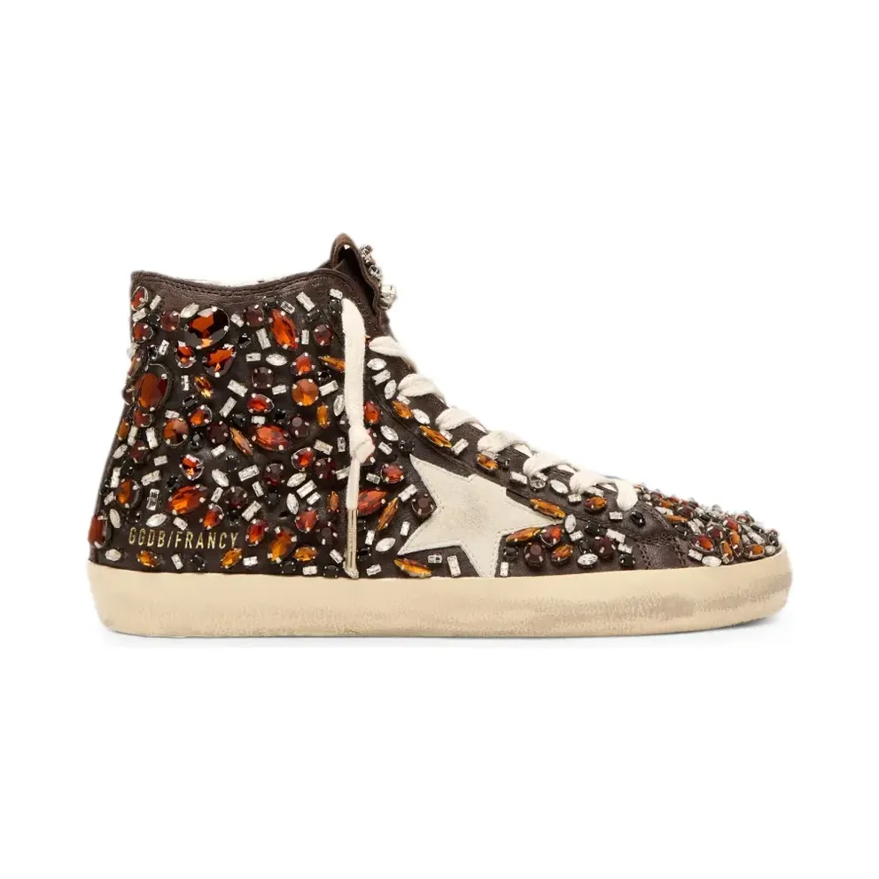 Golden Goose Francy aus dunkelbraunem Leder mit mehrfarbigen Strasssteinen und weißem Wildlederstern (GWF00113F007863)