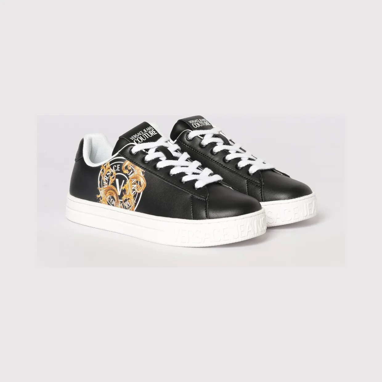 Versace Leather Sneakers with Baroque Print Black (80VA3SK3ZPB73899)