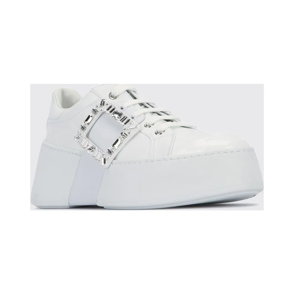 Roger Vivier Viv’ Skate Calf Leather Trainers with Jewel Buckle and Platform Sole White (RVW73729110LXQB001)