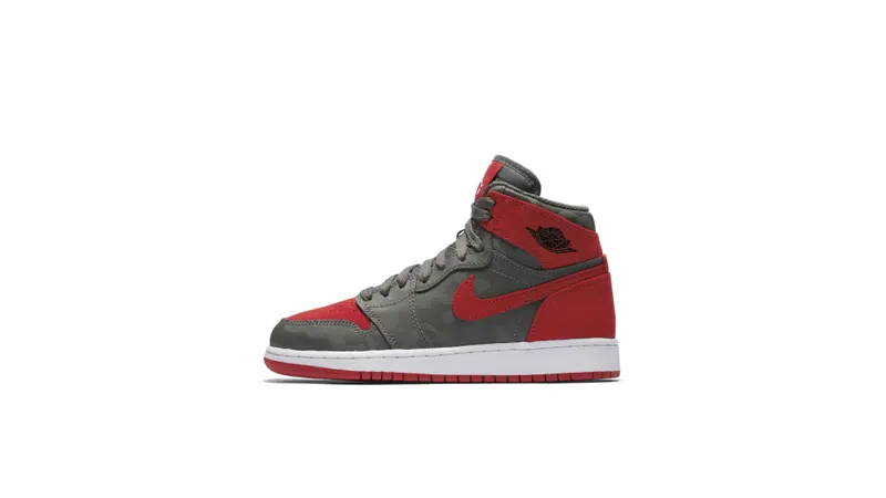 Jordan 1 Retro High Camo 3M Bred (GS) River Rock/Black-University Red-Dark Stucco-White (822858-032)