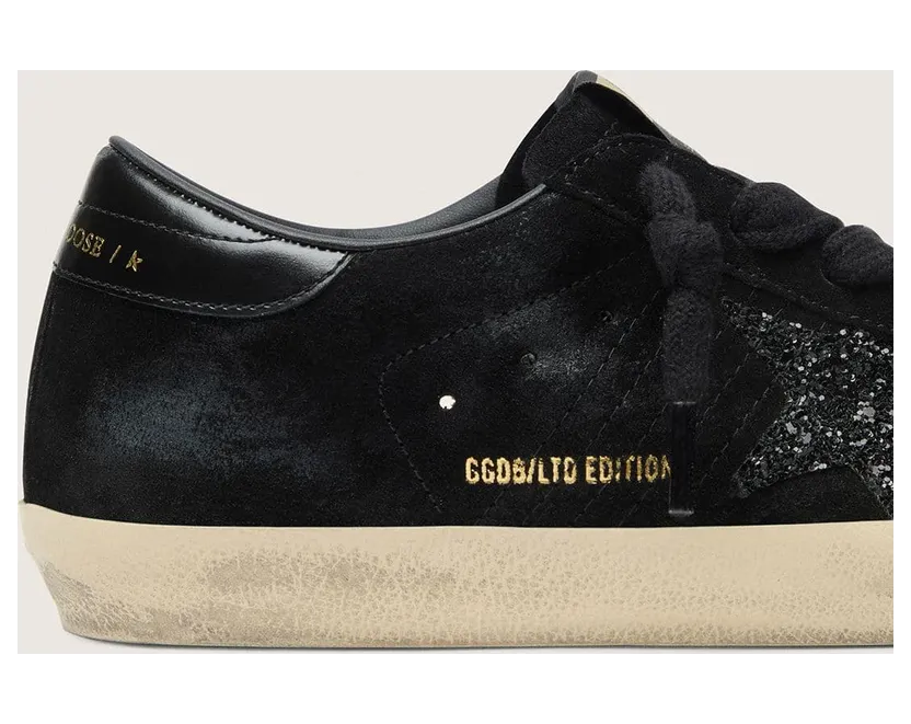 Golden Goose Super-Star Ltd In Black Suede With Black Glitter Star And Black Leather Heel Tab (GWF01002.F008304.90100) (4)