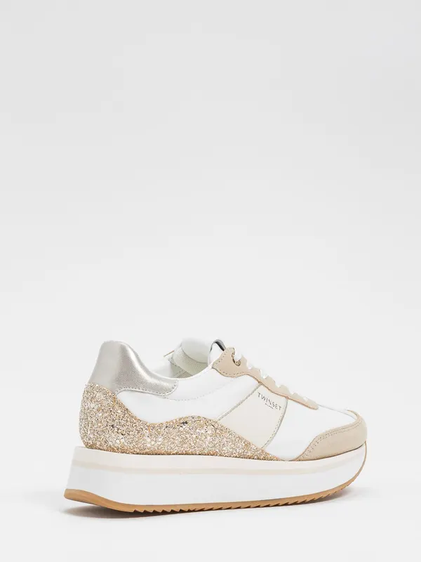 Twinset Suede And Nylon Glitter Sneakers Platinum (261TCP02013246)