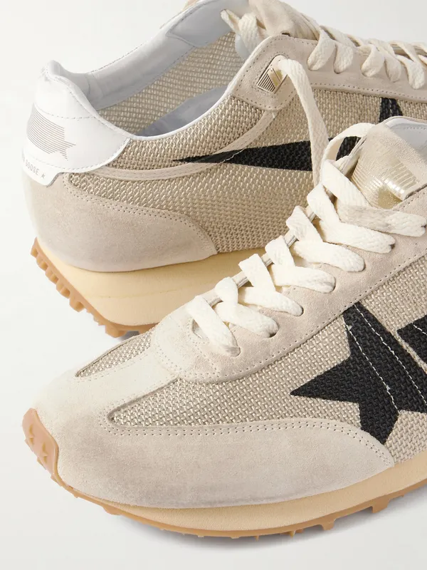 Golden Goose Marathon Distressed Suede-Trimmed Printed Mesh Sneakers Beige (GMF00683.F007840) (5)