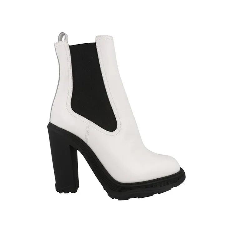 Alexander McQueen Leather Heeled Chelsea Boot Ivory Black (678530WHZ849360)