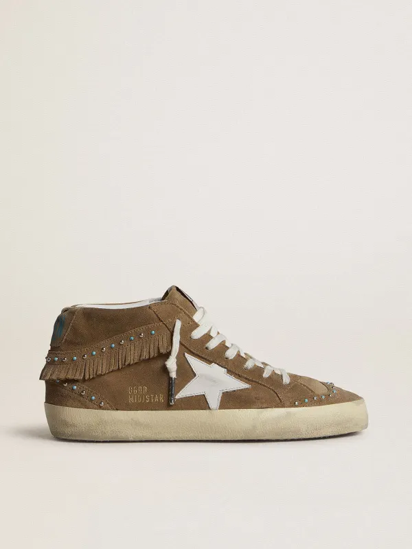 Golden Goose Mid Star In Tobacco Suede With Fringing And Studs (GWF00914.F007302.55482)